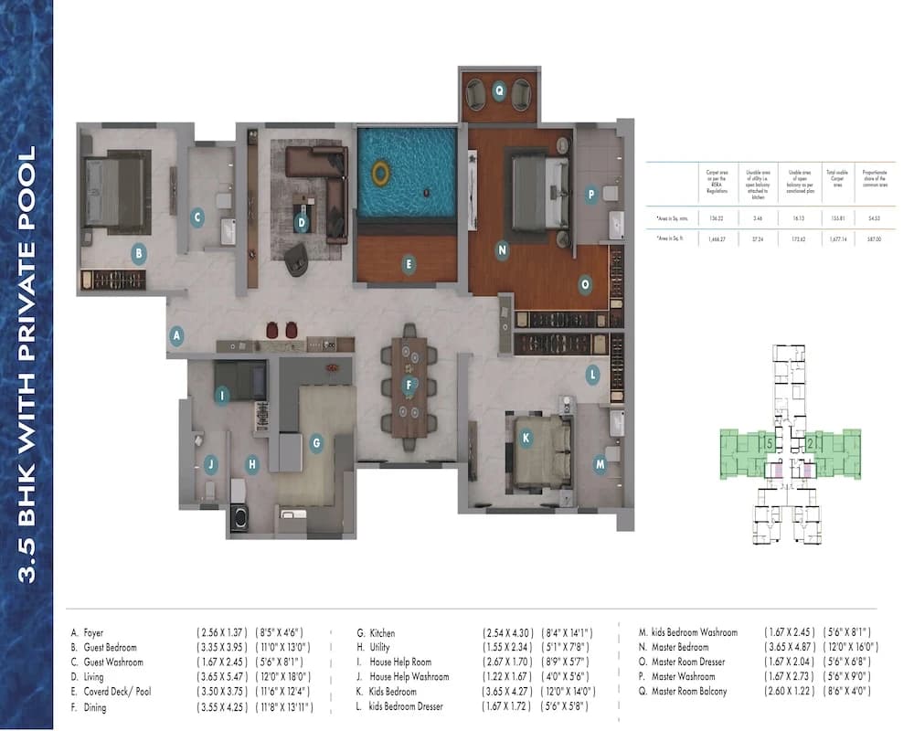 3.5 BHK floor plan at Gera Avive Towers showing room layout and dimensions